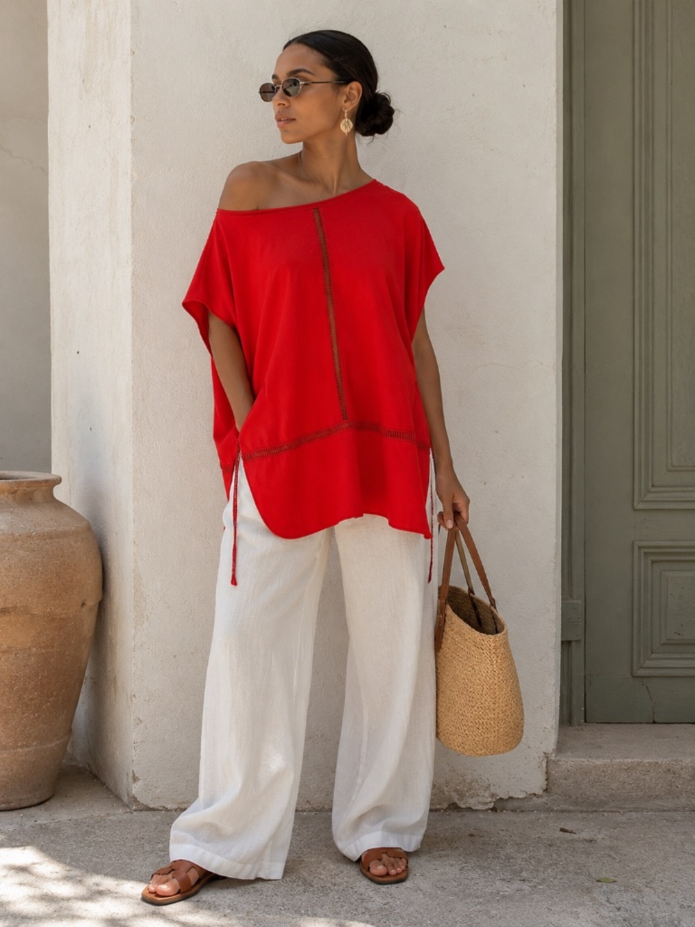 Pier Antonio Gaspari Cherry Red Asymmetrical Drape Tunic Top